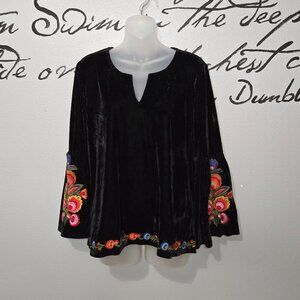 Boho Black Velvet Bell Sleeve Flowy Blouse with Floral Embroidery from Solitaire